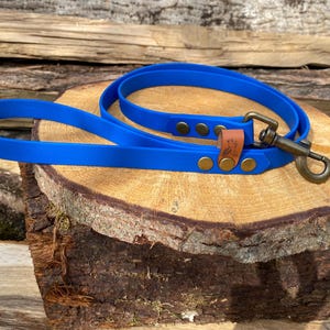 Pode incluir: Uma trela para cão azul brilhante com um mosquetão giratório de metal em tom de latão, fixado com três rebites de latão. Uma pequena etiqueta de couro castanho claro com um logótipo gráfico estampado está fixada perto da ferragem.