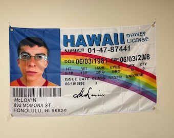 Faux permis de conduire Mclovin, tapisserie 3 x 1,5 m, polyester avec 4 oeillets en laiton, affiche de drapeaux Mc Loving drôles pour dortoir universitaire
