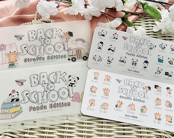 May include: Four clear plastic Back to School themed cash envelope organisers. Two feature a giraffe theme, and two feature a panda theme. Each has illustrations of school supplies and the text "Back to School".