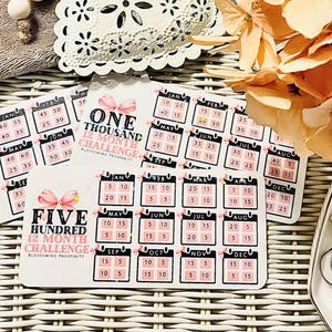 Peut inclure: Un ensemble d'autocollants de défi de 12 mois avec des nœuds roses et des paillettes. Les autocollants présentent différents objectifs, notamment "Deux mille", "Mille" et "Cinq cents".
