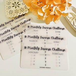 May include: A set of 12 printable monthly savings challenge cards with a floral design. Each card features a month of the year and a list of numbers to track savings goals.