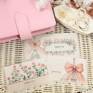 May include: A pink planner with a matching tab closure, and several budget envelopes. The envelopes feature illustrations of the Eiffel Tower, bows, and floral designs. Text on the envelopes reads "Family Fun", "Eating Out", and "groceries".
