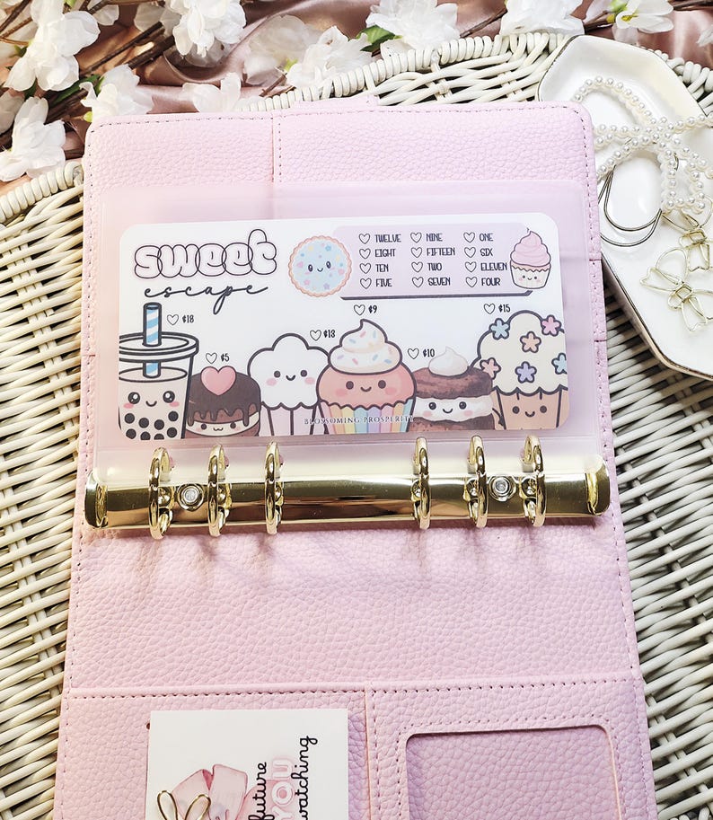 Op de afbeelding: Een roze kunstleren binder met goudkleurige hardware, open om een ​​transparante zak met een "Sweet Escape"-ontwerp te laten zien. Het ontwerp bevat cartoon illustraties van desserts en de tekst "Sweet Escape".