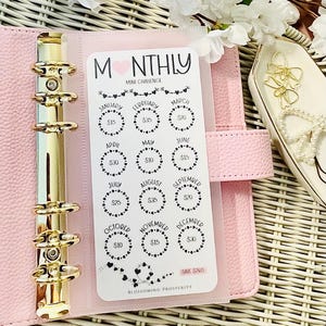 Può includere: Un'agenda rosa con anelli dorati contiene un inserto bianco intitolato "MONTHLY MINI CHALLENGE". L'inserto è un tracker di risparmio con importi mensili, decorato con cuori e il testo "BLOSSOMING PROSPERITY".
