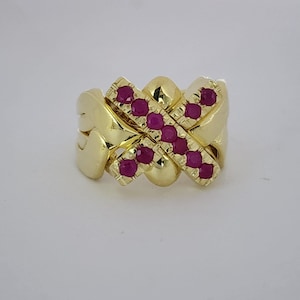 Anello puzzle a 4 fasce in oro massiccio 14 carati con rubini / Anello intrecciato fatto a mano / Anello puzzle in oro unico / Regalo di anniversario per lei