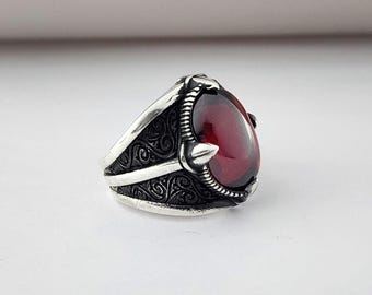 Men&#39;s  Garnet stone Stone Ring, Turkish Handmade Ring, Red Stone Ring, Mens Jewelry, Ottoman Style Ring, 925 Sterling Silver