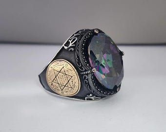 Men Mystic Topaz Ring, Multi Color Stone Ring, Crown Design Ring, 925 Sterling Silver, Gift For Him, Gift For Birthday, Gift Father Jewelry