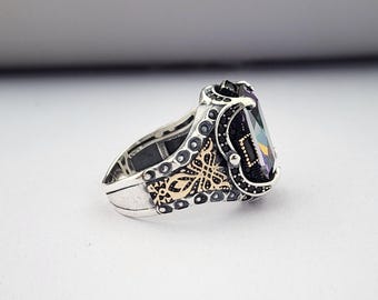 Men Mystic Topaz Ring, Multi Color Stone Ring, Crown Design Ring, 925 Sterling Silver, Gift For Him, Gift For Birthday, Gift Father Jewelry