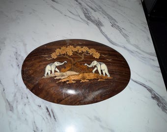 vintage Indian rosewood inlay wall plaque, handcrafted with detailed wood and bone or resin marquetry depicting two elephants and trees.