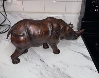 Vintage Leather Rhinoceros - Mid Century Leather Wrapped Glass Eyes Rhino Sculpture - Large Wild Animal Ornament Office Library Display