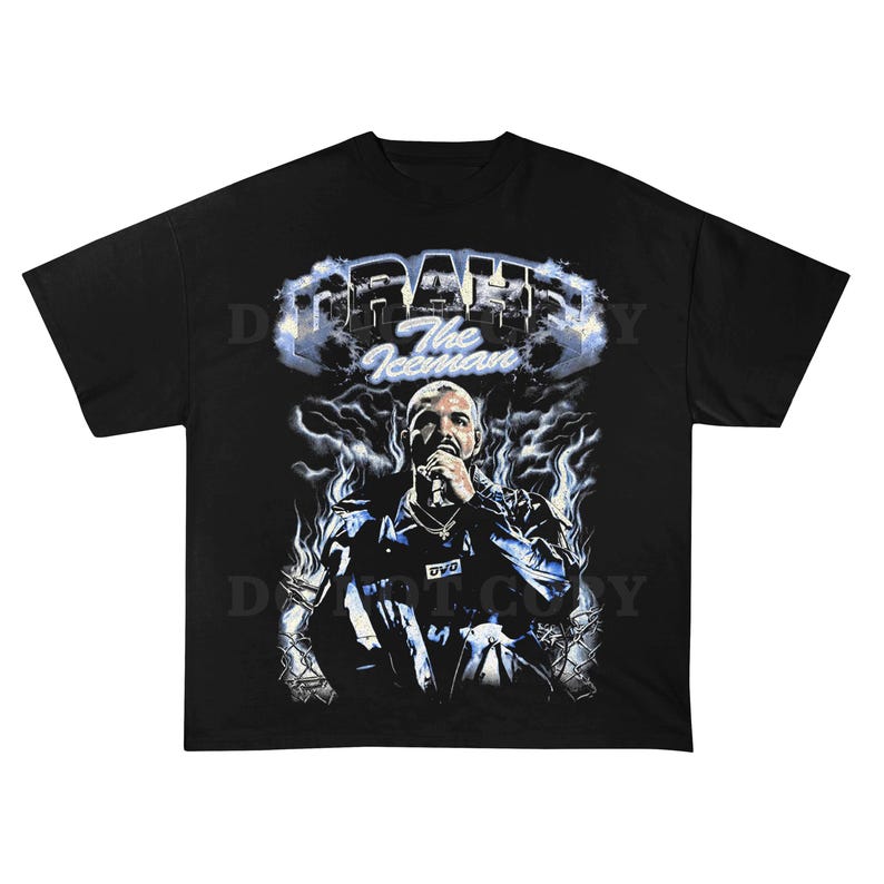 May include: Black t-shirt featuring a graphic of a man with the text "DRAKE The Iceman" in a stylized font. The graphic includes a portrait of the man and flame-like designs.