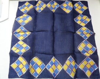 Vintage Hankie Beautiful Bold Navy with Squares of Yellow & Royal Squares