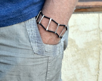 Sterling Silver ladder bracelet with black Leather