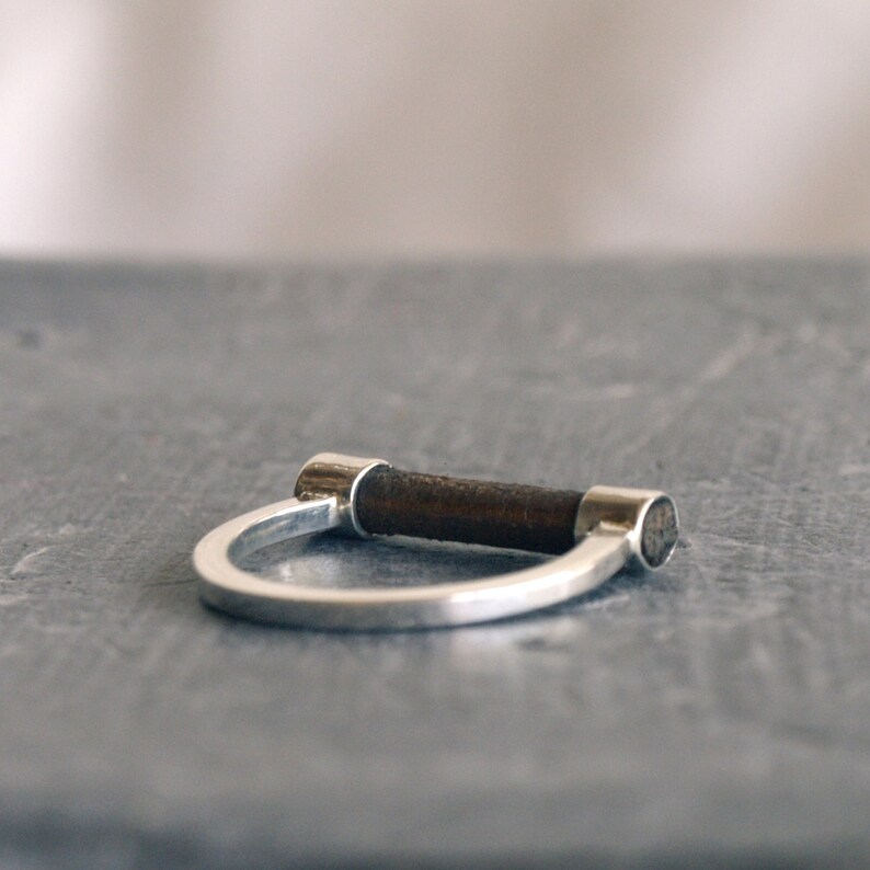 Sterling silver ring, unique jewelry with brown leather image 3