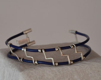 Men's Bracelet, Sterling Silver ladder bracelet with black Leather, contemporary bracelet