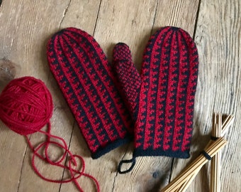 Red and Black 100% Wool Mittens Women's Med, Hand Knit Lumberjane Thick Wood Chopping Sawtooth Pattern Mitts - Made in USA