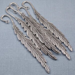 Silver feather bookmarks with engraved details and curved hooks; zinc alloy metal, DIY bookmark kit 5-pack.