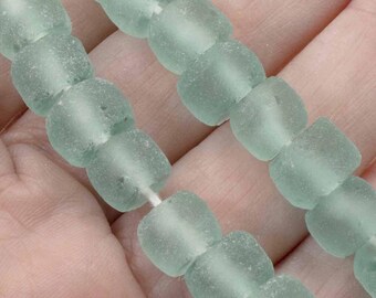 Light Green Weathered Glass Beads, Recycled Rondelle, Sea Glass Style, Indonesian Sustainable Eco Friendly Jewelry Making