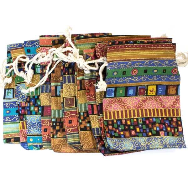 Ethnic Style Fabric Drawstring Bags, Earth Tones, Cloth Pouches (10 Pcs)