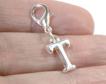 Letter "T" Clip On Charm, Silver Initial Alphabet Dangle with Lobster Clasp