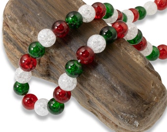 48/Pkg Red, Green & White 8mm Crackle Glass Beads | Christmas Bead Mix for Holiday DIY Handmade Jewelry, Crafts, Home Decor