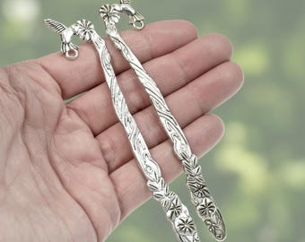 Silver Hummingbird & Flower Bookmarks: Customizable Charm Base 4 3/4" Long 5Pcs