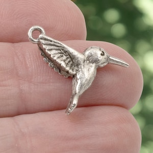 Silver Hummingbird Charms 2-Pack, Fine Silver Plated Nature Jewelry, Rustic Bird Pendant, Nunn Design Components