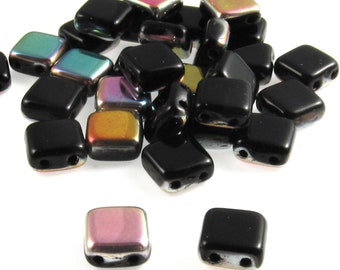 50 Jet Vitrail Square Tile Beads, 6mm 2-Hole Czech Glass for Geometric Designs