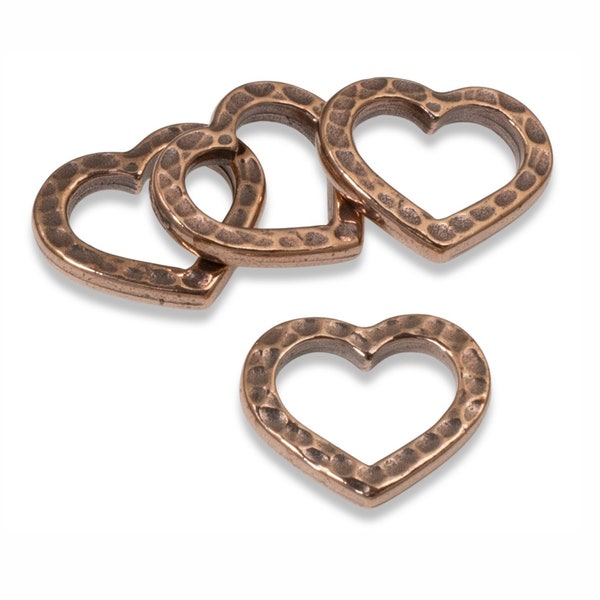 4 Copper Distressed Heart Links, TierraCast Vintage-Style Hammered Connectors, Ideal for Unique Necklaces & Bracelets