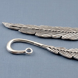 Silver feather bookmarks with engraved details and curved hooks; zinc alloy metal, DIY bookmark kit 5-pack.