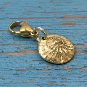 Gold Spiral Shell Clip-On Charm, Ammonite Seashell Beach Bag Purse Backpack Keychain Accessory, 24k Plated, Rockhound Gift