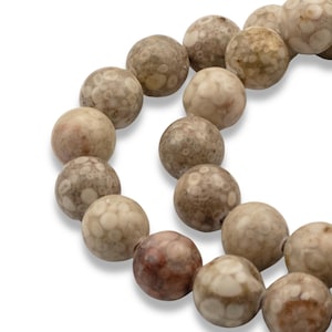 Fossil Jasper Beads 8mm: Natural Tan Gray Stone, Unique Circle Pattern, 15" Strand
