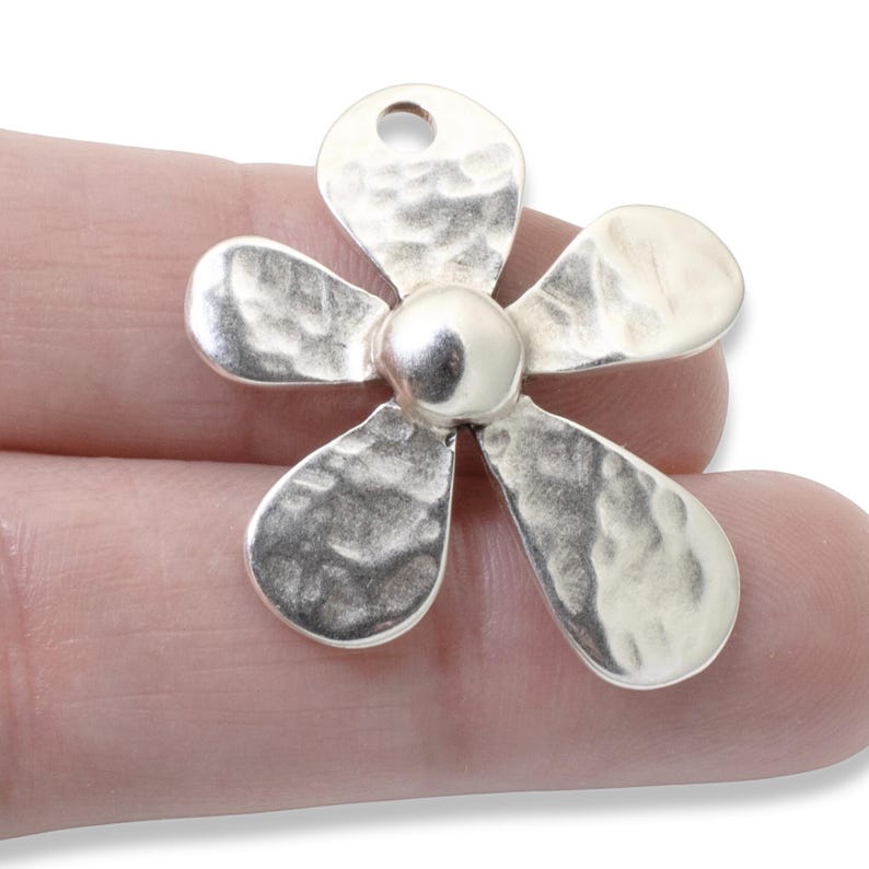 Large hammered silver-plated flower pendant, 35mm European charm with distressed metal for bohemian jewelry making.