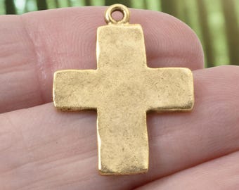 Hammered Cross Charms: 24k Gold Plated Artisan Textured USA Made 2-Pack