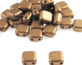 50 Matte Brass Square Tile Beads, 6mm 2-Hole Czech Glass Beads for DIY Bracelets, Geometric Beading, Bead Weaving, Friendship Bracelets