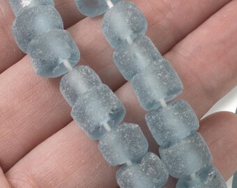 Blue Green Recycled Glass Beads: Matte Frosted Rondelle Wheel Beads Coastal Boho