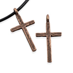 Large Hammered Cross Pendants: Antique Copper Finish Pewter 34mm Religious Charms 2-Pack