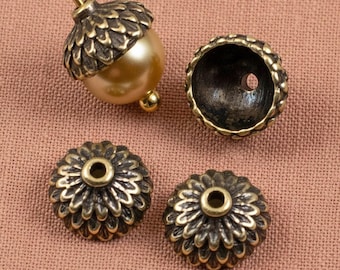 Acorn Bead Caps: Antique Brass 4-Pack TierraCast Design for Autumn and Fall Jewelry