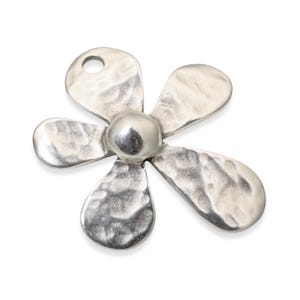 Large hammered silver-plated flower pendant, 35mm European charm with distressed metal for bohemian jewelry making.