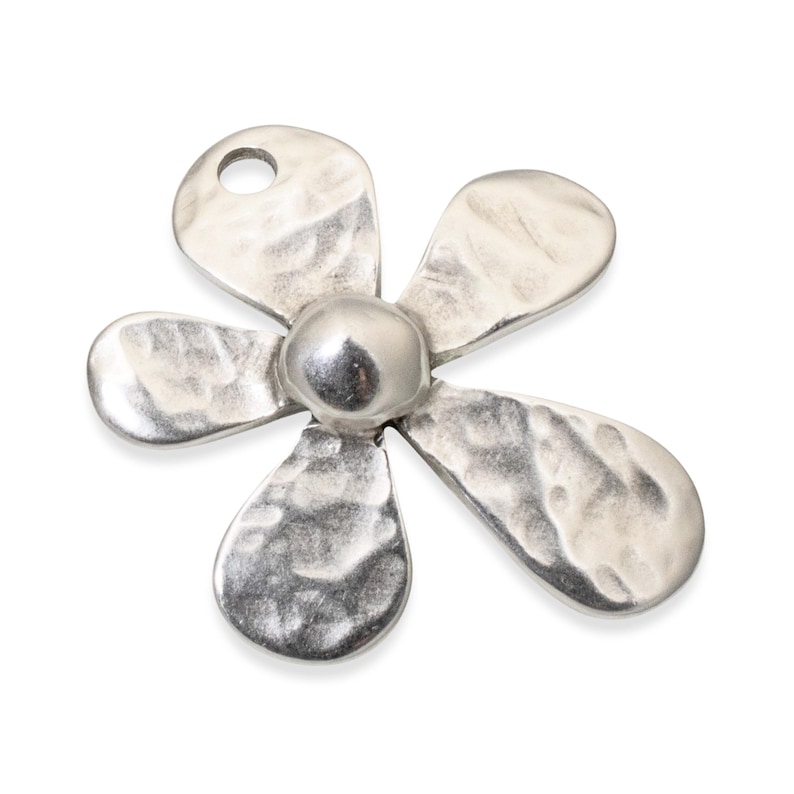 Large hammered silver-plated flower pendant, 35mm European charm with distressed metal for bohemian jewelry making.