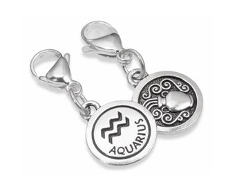 Silver Aquarius Clip-on Charm, Astrology Zodiac Water Bearer + Lobster Clasp