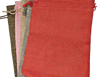5 Burlap Fabric Drawstring Bags, Cloth Pouches, Mixed Colors 5"x7"