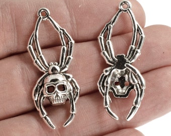 Silver Skull Spider Pendants, Metal Halloween Skeleton Charms 5/Pkg