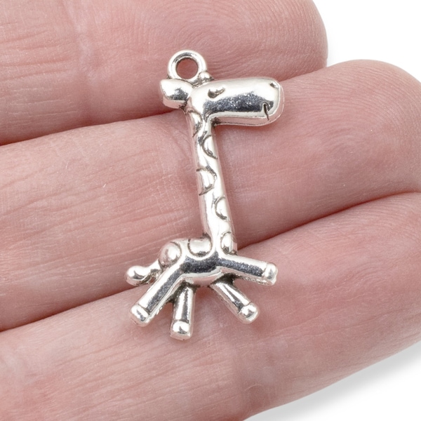 12 Prancing Giraffe Charms, Silver Metal Zoo Animal Pendants + Textured Pattern for Jewelry Making & Crafts, Baby Shower Diaper Bag Charm