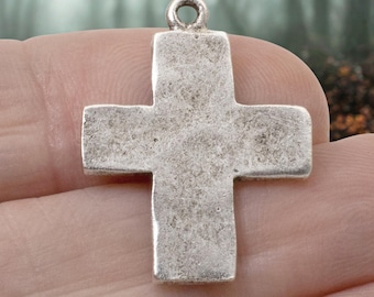 Hammered Cross Charms Antique Silver 2-Pack, Premium Artisan Textured Pendants for Religious Jewelry
