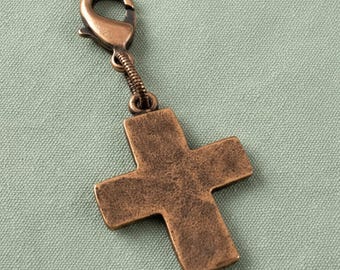 Copper Distressed Cross Clip-On Charm Purse Bag Keychain Faith Boho