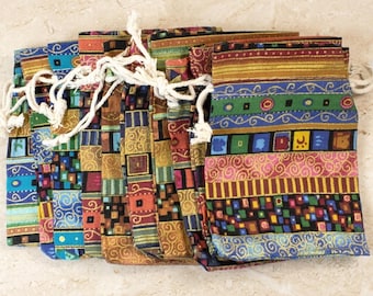 10 Ethnic Earthy Drawstring Fabric Pouches, Bohemian Cloth Bags, Reusable 4"x5"