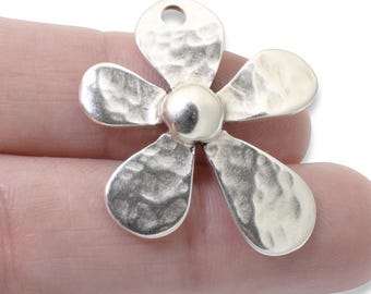 Large Hammered Flower Pendant, 1Pc Silver Artisan Style European Charm, Bohemian Jewelry Making Supply, 35mm Distressed