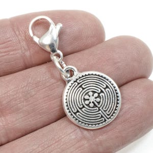 Silver Labyrinth Clip-on Charm Hand-Assembled, Spiritual Maze Fine Silver Plated Pewter, Sacred Geometry Meditation Bag Keychain
