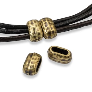 4 Antique Brass Hammered Barrel Beads - Large 6x2mm Hole - Crimp for Leather Cord